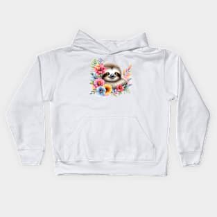 A sloth decorated with beautiful colorful flowers. Kids Hoodie